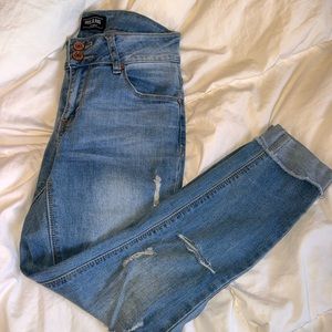 High waisted distressed jeans